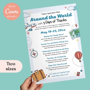 Teacher Appreciation Week Editable Travel Itinerary Flyer, Staff Appreciation Events, PTA Flyer Canva Template, Event Schedule Printable TA1