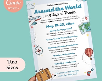 Folleto de viaje de agradecimiento a los docentes: itinerario editable, evento de la PTA (plantilla de Canva)