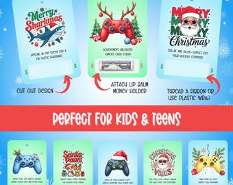 May include: Six printable Christmas gift tags featuring a green background with various designs. The designs include a shark, a video game controller, a dog, a Santa Claus, and a yellow video game controller. The tags have text that says "Merry Sharkmas", "Achievement Unlocked Santa's Cash Stash", "Merry Merry Christmas", "Santa Paws", "Christmas Vibes", and "Game Over Not With Santa's Cash Stash".