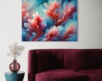 May include: Abstract painting with swirling blue, red, and pink colors. The painting features a series of flowing lines and shapes that create a sense of movement and energy.