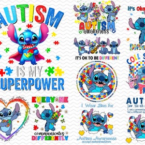 Autism Awareness Bundle Png, Autism Cartoon Png, Autism Puzzle Stitch png, Cartoon Character Autism Png, Lio and Stitch Autism Png