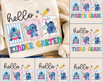 Hello School Stitch Png Bundle, Blue alien Back to School Png, First Day Of School Png, Kids School Png, PreK To Fourth Grade Shirt Design