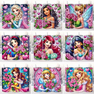 Princess Cartoon Valentine's 20oz Tumbler Design PNG Bundle, Cartoon Stained Glass Style Png, Cartoon Valentine's Png, Valentine Gifts