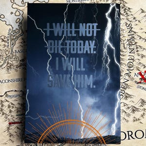 May include: A book cover with a dramatic sky background, lightning bolts, and the text "I WILL NOT DIE TODAY. I WILL SAVE HIM." An orange sunburst design is at the bottom. The background is a map.