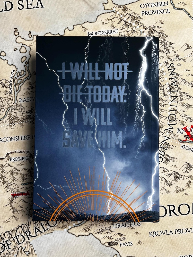 May include: A book cover with a dramatic sky background, lightning bolts, and the text "I WILL NOT DIE TODAY. I WILL SAVE HIM." An orange sunburst design is at the bottom. The background is a map.