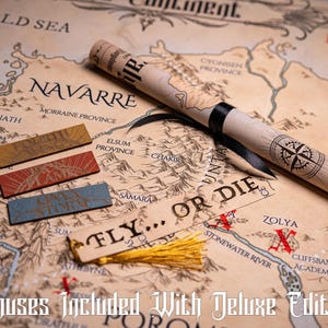 May include: A detailed map with a rolled parchment scroll, three rectangular bookmarks, and a tag with a tassel. The map features a compass rose, geographical details, and the text "FLY... OR DIE."