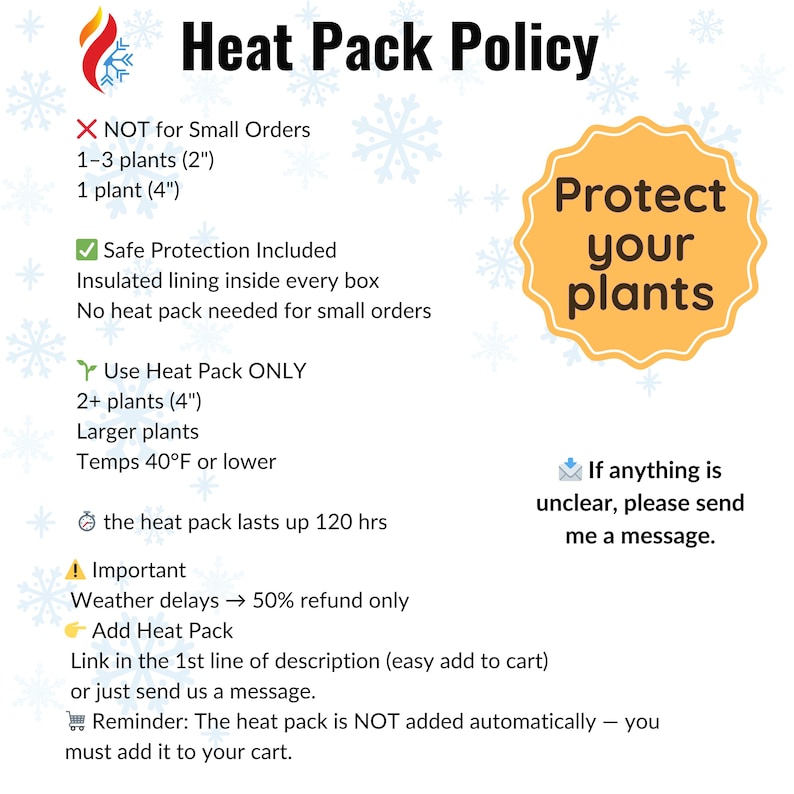 Puede incluir: Gr&aacute;fico blanco con el texto "Heat Pack Policy" e informaci&oacute;n sobre el uso de paquetes t&eacute;rmicos para pedidos de plantas. Incluye detalles sobre cu&aacute;ndo se necesita un paquete t&eacute;rmico y c&oacute;mo agregarlo.