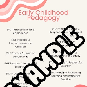 May include: A pink and white graphic with wavy lines. The text "Early Childhood Pedagogy" is at the top of the graphic. The graphic lists eight EYLF practices and five EYLF principles. The text "PIP'S Program" is at the bottom of the graphic.