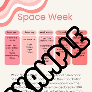 Könnte beinhalten: Eine rosa-weiße Grafik für die "Space Week" mit einem Zeitplan der Aktivitäten. Enthält eine Liste von Materialien wie klare Wasserflaschen, Papier, Glitzer und Scheren. Der Text "EXAMPLE" ist über das Bild gelegt.