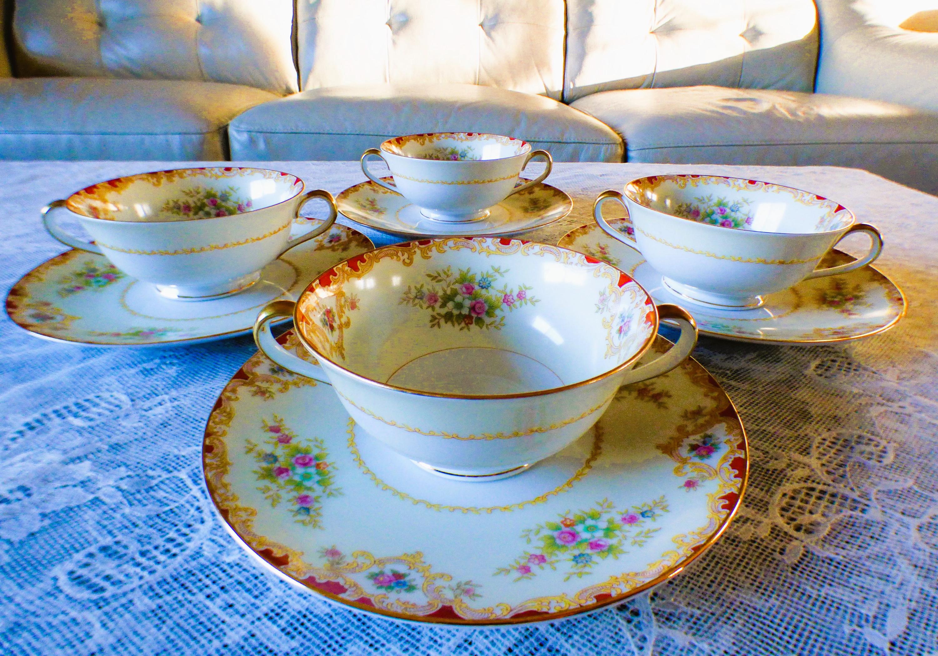 Vintage 1933 Noritake Cream Soup Bowls and Underplates. Set