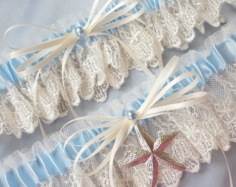 Beach Wedding Garter Starfish Garter Set Ivory Lace Garter Set Light Blue Pearl Wedding Bridal