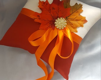 Fall Leaves Ring Bearer Pillow Orange Rust Ivory Autumn Colors Ring Pillow Gold Rhinestone Leaf