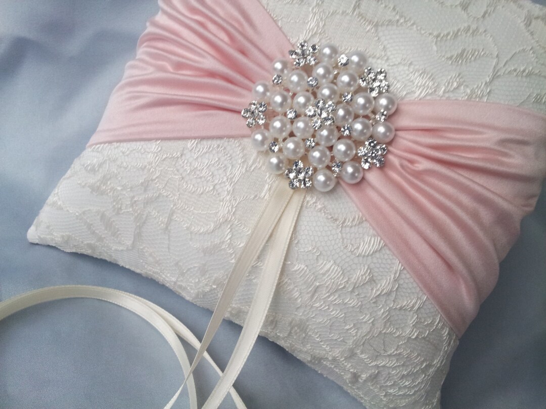 Ivory Satin Ring Bearer Pillow w/ Rhinestone Accents & Floral Detail