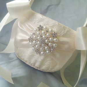 Ivory Flower Girl Basket Ivory Satin Flower Girl Basket Pearl Rhinestone Accent Wedding Basket Unique image 1