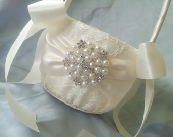 Ivory Flower Girl Basket Ivory Satin Flower Girl Basket Pearl Rhinestone Accent Wedding Basket Unique