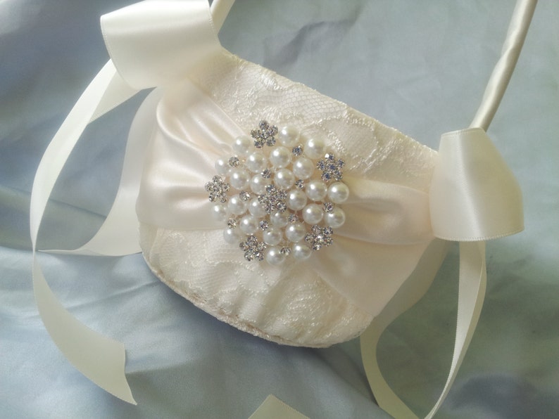 Ivory Flower Girl Basket Ivory Satin Flower Girl Basket Pearl Rhinestone Accent Wedding Basket Unique image 1