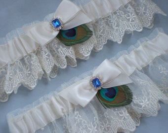 Peacock Garter Set Ivory Bridal Lace Peacock Feather Royal Blue Rhinestone Accented Bridal Wedding Garter Set