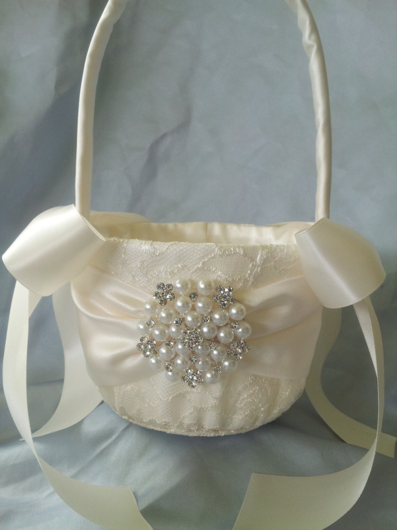 Ivory Flower Girl Basket Ivory Satin Flower Girl Basket Pearl Rhinestone Accent Wedding Basket Unique image 2