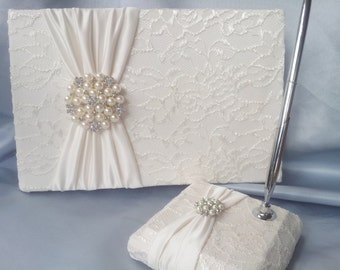 Ivory Lace Wedding Guest Book and Pen Set Ivory Bridal Lace Pearl Rhinestone Accent Unique Latte