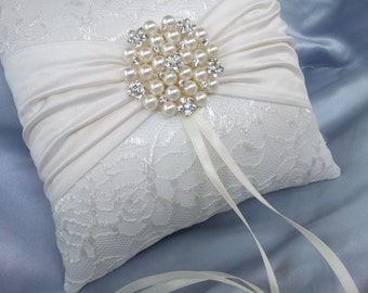 Ivory Ring Bearer Pillow Satin Sash Lace Ring Pillow Pearl Rhinestone Accent