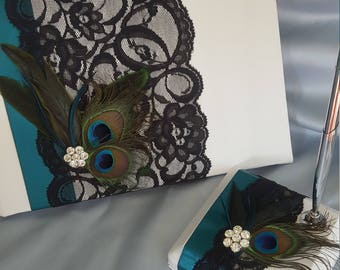 Peacock Feathers Guest Book and Pen Stand Set Teal Black Lace Rhinestone Ivory