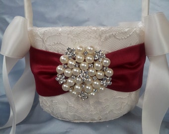 Ivory Flower Girl Basket Dark Red Flower Girl Basket Pearl Rhinestone Accent Wedding Basket Unique