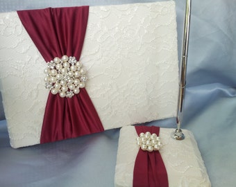 Dark Red Apple Ivory Lace Wedding Guest Book and Pen Set Ivory Bridal Lace Pearl Rhinestone Accent Unique Latte