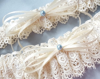 Venise Lace Wedding Garter Set Ivory Lace Garter Set Blue Pearl Wedding Bridal