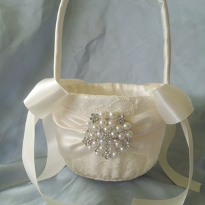 Ivory Flower Girl Basket Ivory Satin Flower Girl Basket Pearl Rhinestone Accent Wedding Basket Unique image 3