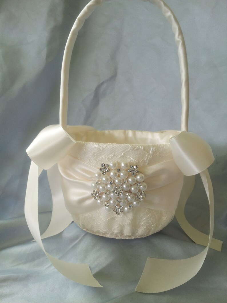 Ivory Flower Girl Basket Ivory Satin Flower Girl Basket Pearl Rhinestone Accent Wedding Basket Unique image 3