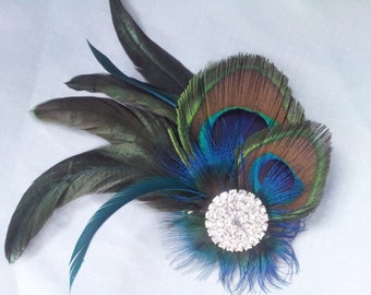 Peacock Feather Bridal Hair Clip Rhinestone Accents