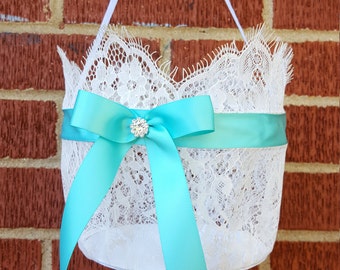 Aqua White Chantilly Lace Flower Girl Basket Flower Girl Basket Rhinestone Accent Easter Wedding Basket Unique