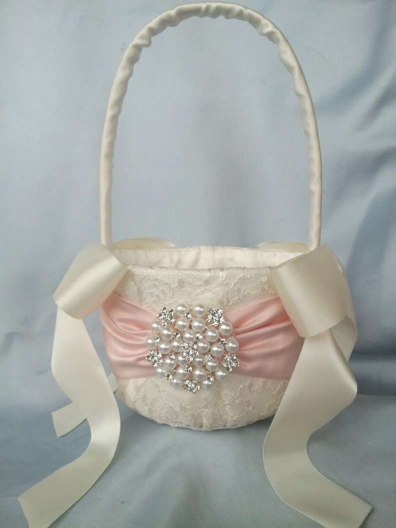 Blush Pink Flower Girl Basket Ivory Lace Flower Girl Basket Etsy