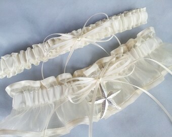 Beach Wedding Garter Starfish Garter Set Ivory Sheer Organza Ivory Stain Wedding Bridal