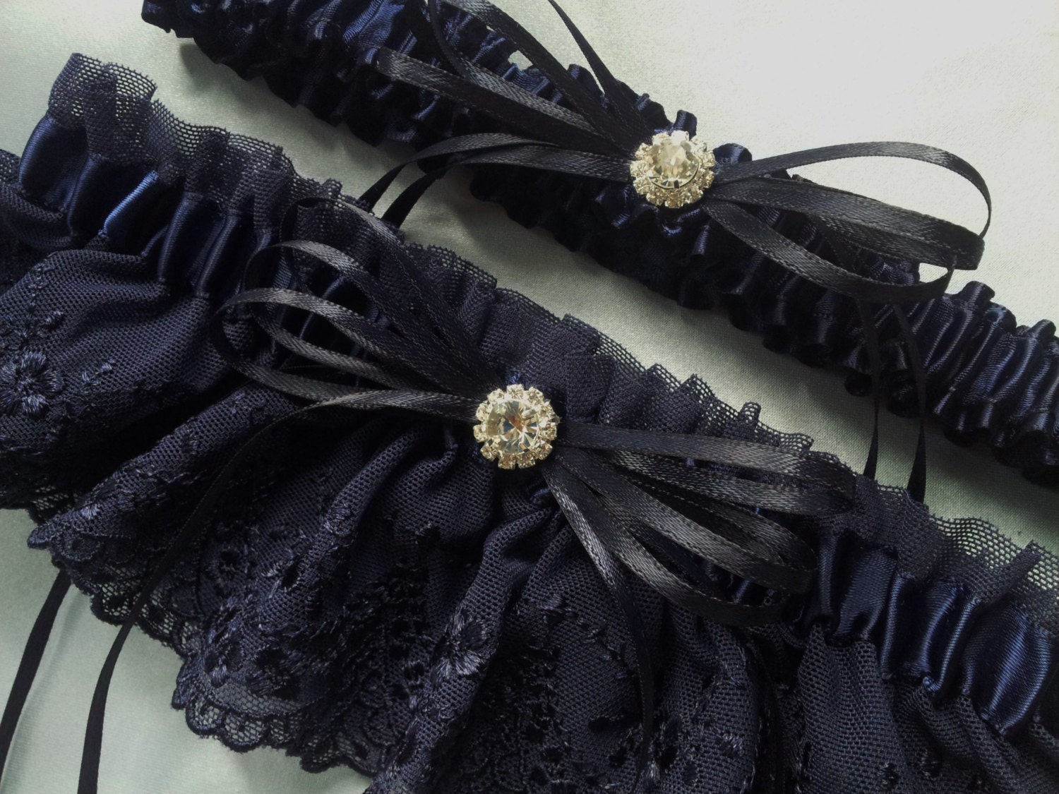 Navy Blue Bridal Lace Garter Set Satin Sash Rhinestone Accent | Etsy
