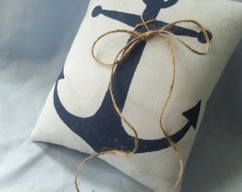 White Navy Blue Anchor Ring Bearer Pillow Twine Rope Nautical Ring Pillow Beach Accent