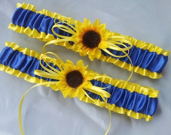 Sunflower Bridal Garter Set Sunshine Yellow Royal Blue Wedding Garter