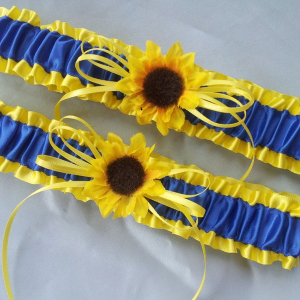 Sunflower Bridal Garter Set Sunshine Yellow Royal Blue Wedding Garter