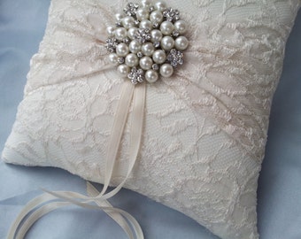 Ivory Ring Bearer Pillow Lace Ring Pillow Pearl Rhinestone Accent