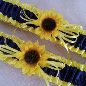 Sunflower Bridal Garter Set Sunshine Yellow Navy Blue Wedding Garter image 1