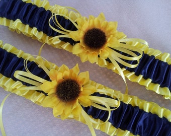 Sunflower Bridal Garter Set Sunshine Yellow Navy Blue Wedding Garter