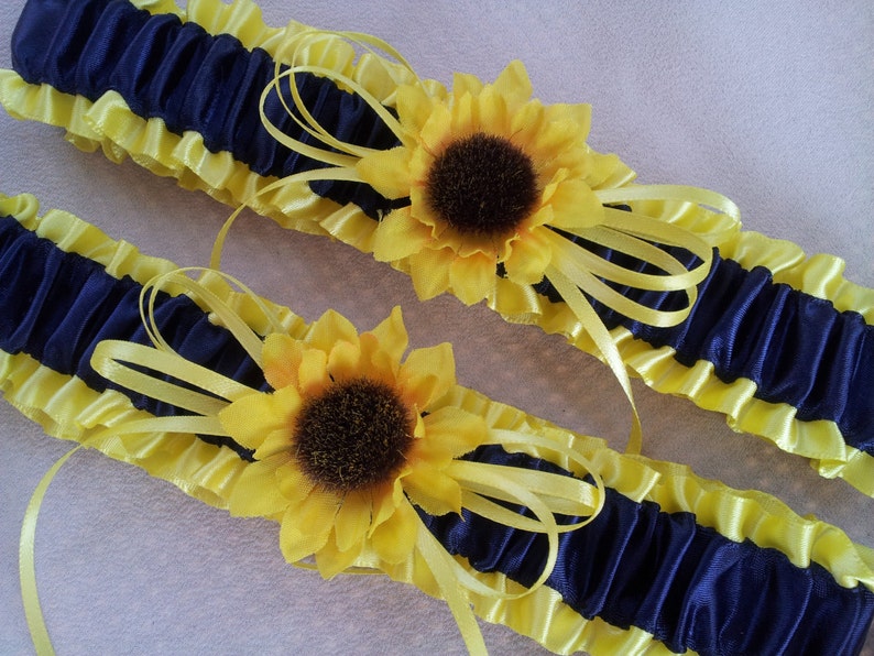 Sunflower Bridal Garter Set Sunshine Yellow Navy Blue Wedding Garter image 1