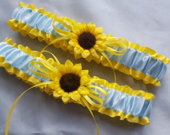 Sunflower Bridal Garter Set Sunshine Yellow Light Blue Wedding Garter