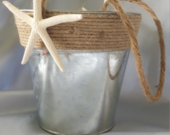 Beach Wedding Flower Girl Basket Galvanized Metal Bucket Starfish Accent Burlap Twine Wedding Basket Unique