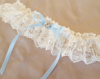 Ivory Vintage Lace Bridal Garter Blue Rhinestone Accent Wedding Garter Something