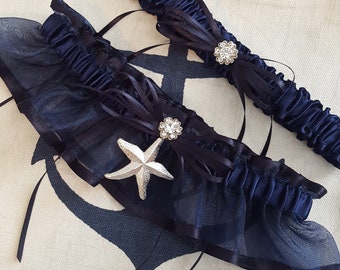 Beach Wedding Garter Starfish Garter Set Navy Blue Sheer Organza Ivory Stain Wedding Bridal