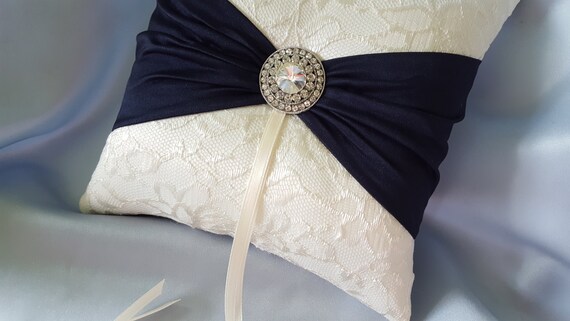 Items Similar To Ivory Navy Blue Ring Bearer Pillow Lace Ring