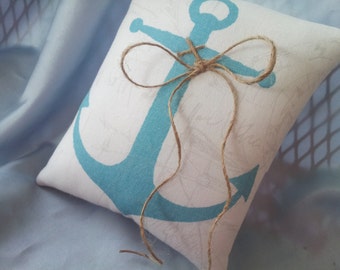 White Aqua Blue Anchor Ring Bearer Pillow Twine Rope Nautical Ring Pillow Beach Accent