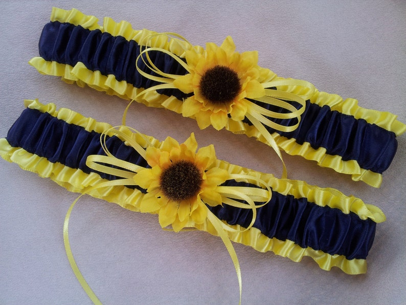 Sunflower Bridal Garter Set Sunshine Yellow Navy Blue Wedding Garter image 2