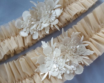 Champagne Ivory Bridal Garter Set Leather Flowers Tulle Net Elegant Wedding Garter Set